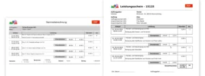 Ansicht eines Leistungsscheins und einer Sammelabrechnung mit Beschreibung, Zeit, Anfahrtsweg und Stundensatz