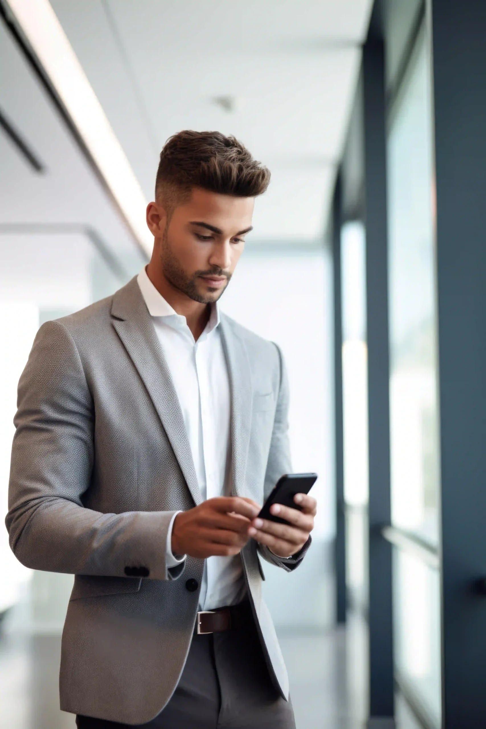 Ein Mann in Businesskleidung nutzt sein Mobiltelefon für die Zeiterfassung von TimeTracking.